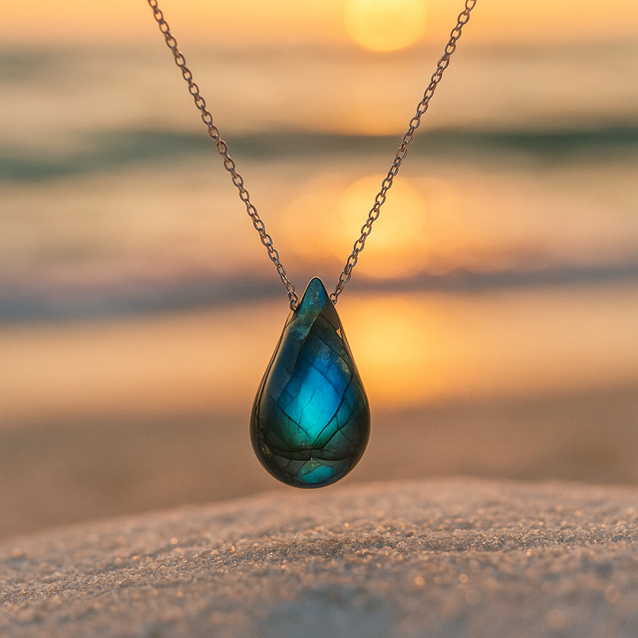 Collier Élégant en Labradorite avec Charmante Goutte Marine