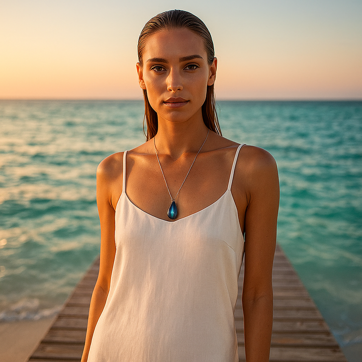 Collier Élégant en Labradorite avec Charmante Goutte Marine