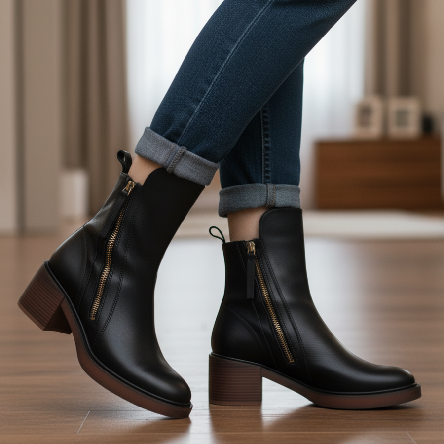 Valorine™ | Botte en cuir noire avec talon confortable, élégante et intemporelle