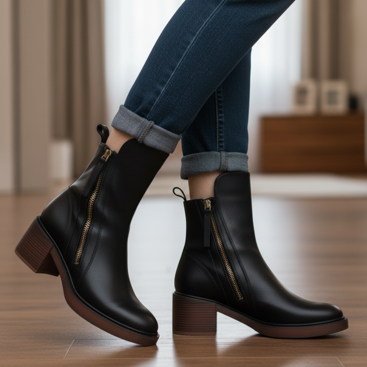Valorine™ | Botte en cuir noire avec talon confortable, élégante et intemporelle