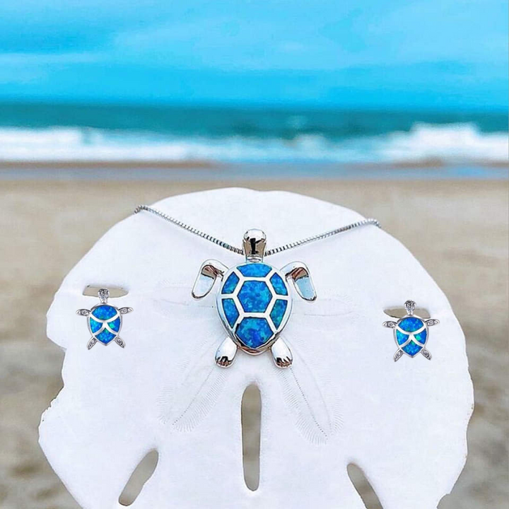 Ensemble Élégant de Collier et Boucles d'Oreilles en Opale Exclusive avec Tortue de Mer en Argent