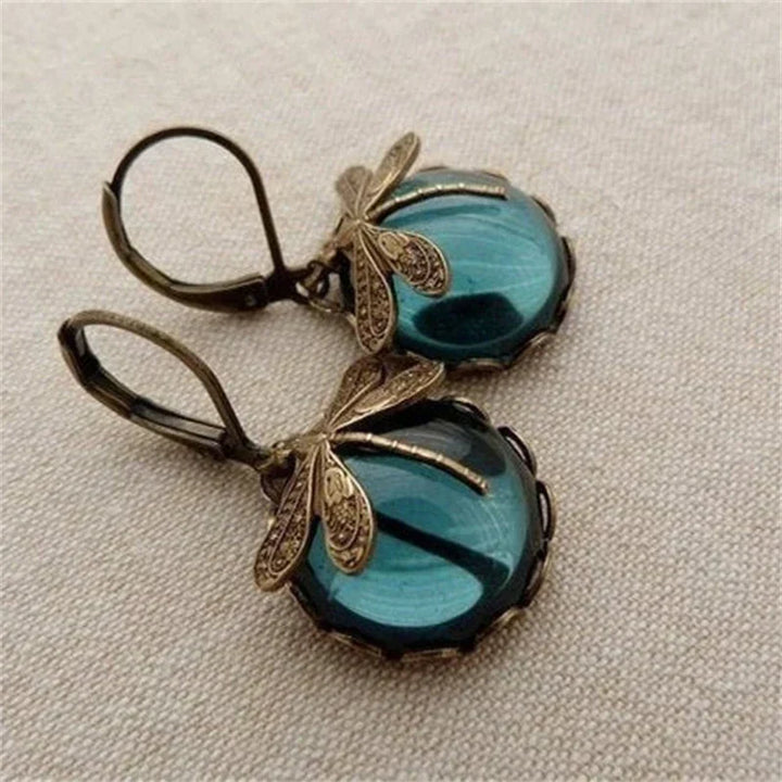 Boucles d'oreilles enchantées en cristal avec libellule en or antique