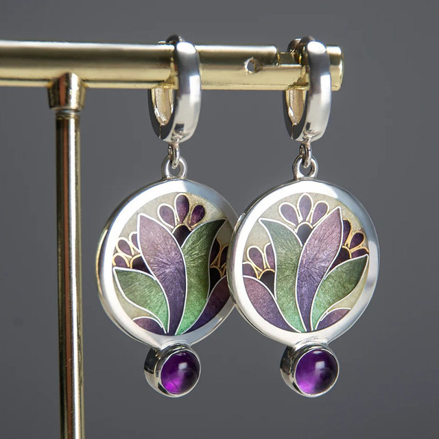 Boucles d'Oreilles Boho en Argent en Édition Limitée avec Cristaux Violet