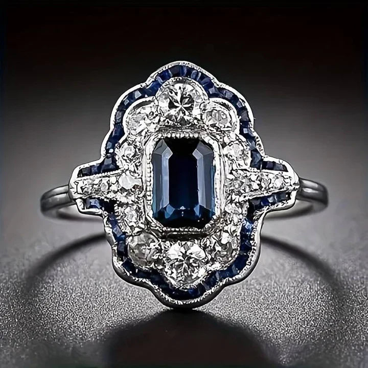 Bague en cristal bleu argentée vintage raffinée