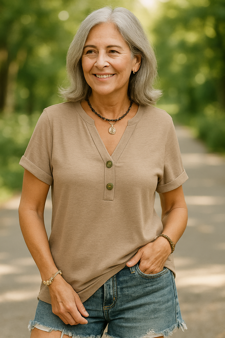 Merisa - Blouse Chic à Col V et Manches Courtes