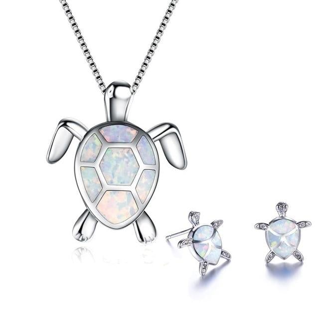Ensemble Élégant de Collier et Boucles d'Oreilles en Opale Exclusive avec Tortue de Mer en Argent