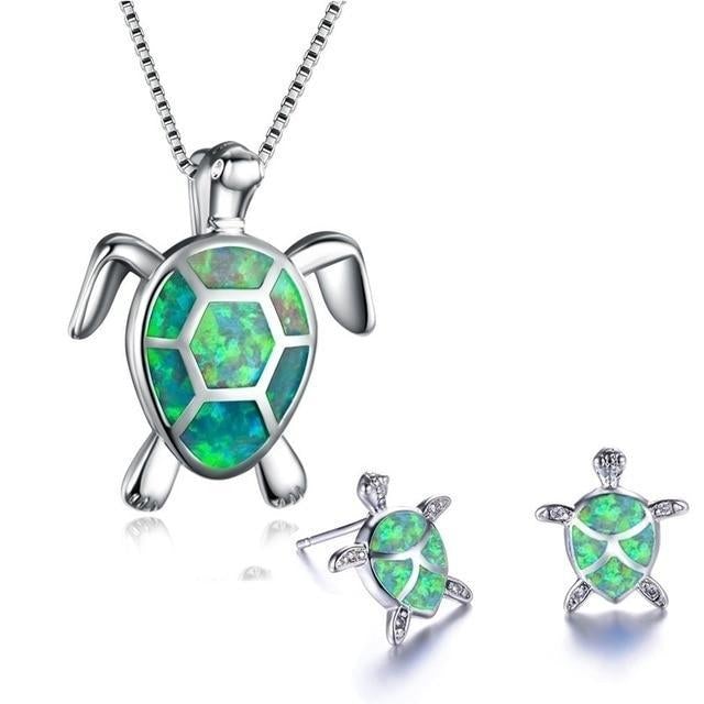 Ensemble Élégant de Collier et Boucles d'Oreilles en Opale Exclusive avec Tortue de Mer en Argent