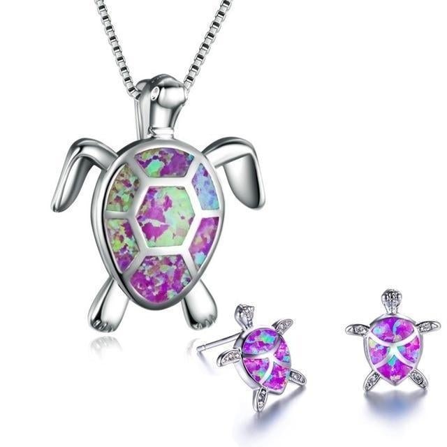 Ensemble Élégant de Collier et Boucles d'Oreilles en Opale Exclusive avec Tortue de Mer en Argent