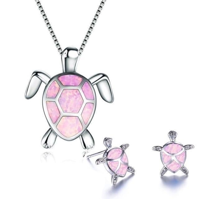 Ensemble Élégant de Collier et Boucles d'Oreilles en Opale Exclusive avec Tortue de Mer en Argent
